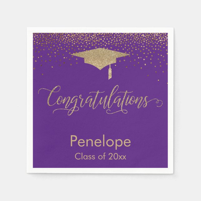 Glückwunsch Gold Graduation Cap Lila Serviette (Vorderseite)