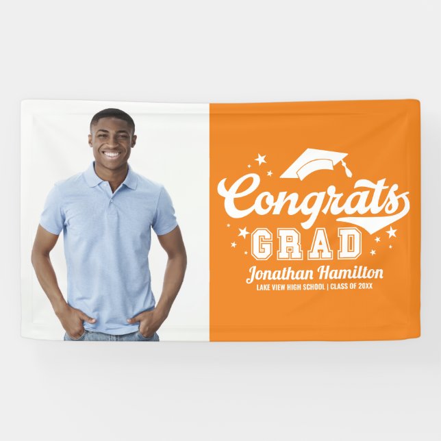 Glückwunsch Grad Orange Graduation Party Foto Banner (Horizontal)