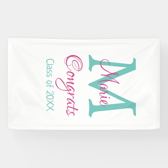 Glückwunsch Graduieren Name monogramm grün pink bl Banner (Horizontal)