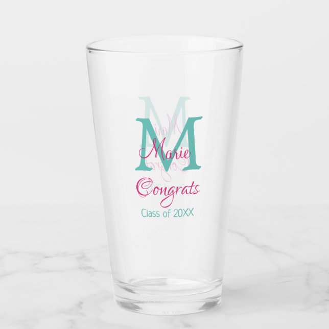 Glückwunsch Graduieren Name monogramm grün pink bl Glas (Vorderseite)