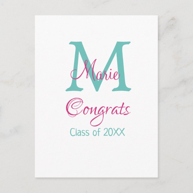 Glückwunsch Graduieren Name monogramm grün pink bl Postkarte (Vorderseite)