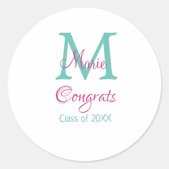 Glückwunsch Graduieren Name monogramm grün pink bl Runder Aufkleber (Vorderseite)