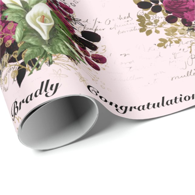 Glückwunsch Hochzeit hinzufügen Namen Rose Ephemer Geschenkpapier (Rolleneckpunkt)