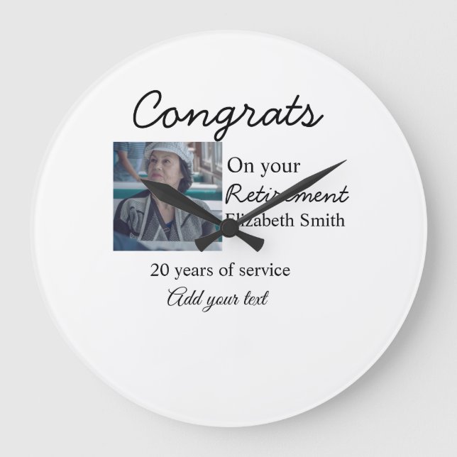 Glückwunsch in Ihrem Ruhestand fügen Foto-Name Dat Große Wanduhr (Vorderseite)