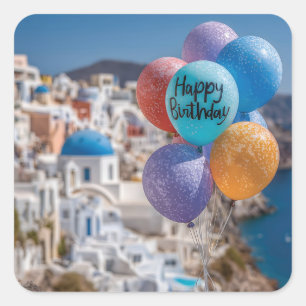 Glückwunsch zum Geburtstag in Santorini, Griechenl Quadratischer Aufkleber