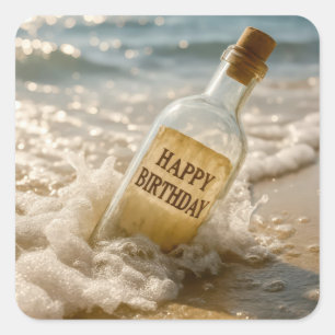 Glückwunsch-zum-Geburtstag-Nachricht in einer Flas Quadratischer Aufkleber