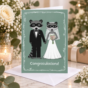 Glückwunsch zur Hochzeit von Waschbären-Braut und Karte
