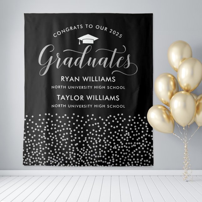 Glückwunsch Zwei Absolventen Black Silver Confetti Wandteppich (Von Creator hochgeladen)