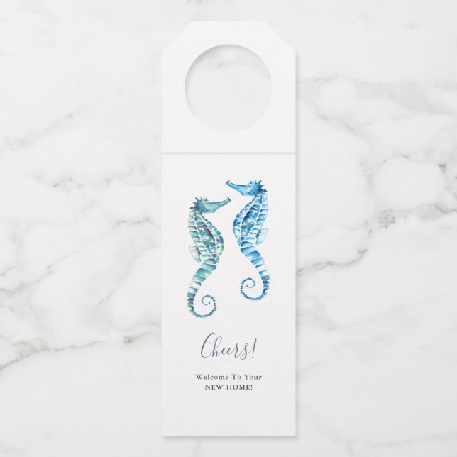 Glückwünsche auf Ihrer neuen Zuhause Blue Seepferd Flaschenanhänger (Vorderseite)