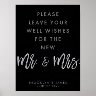 Glückwünsche Hochzeitsschild Schwarz und Silber Poster