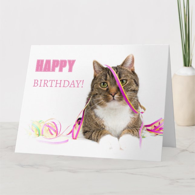 Glückwunschkarte Katze mit Luftschlangen Karte (Vorderseite)