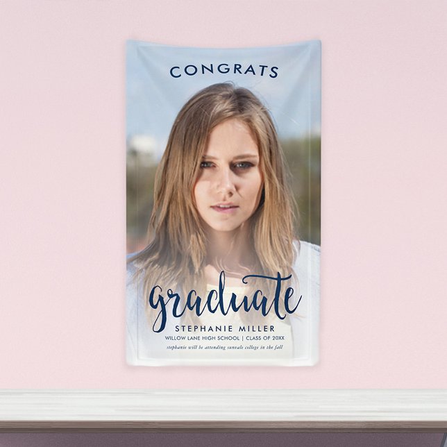 Glückwunschs Blue Script Foto Abschluss Banner (Von Creator hochgeladen)