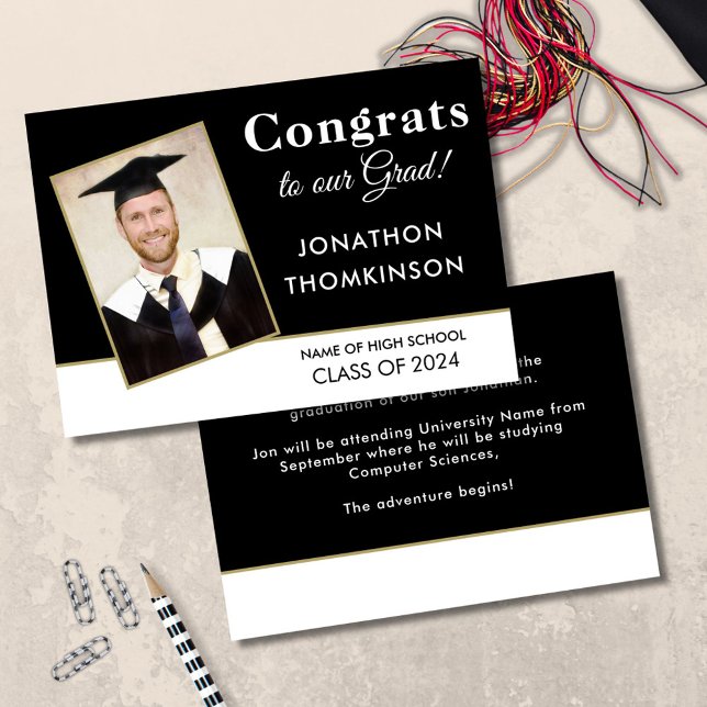 Glückwunschs Grad Foto White Black 2025 Abschluss Ankündigung (front and back view)