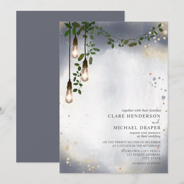Glühbirne Grüne Garland Wasserfarbenprägung Hochze Einladung (Vorne/Hinten)