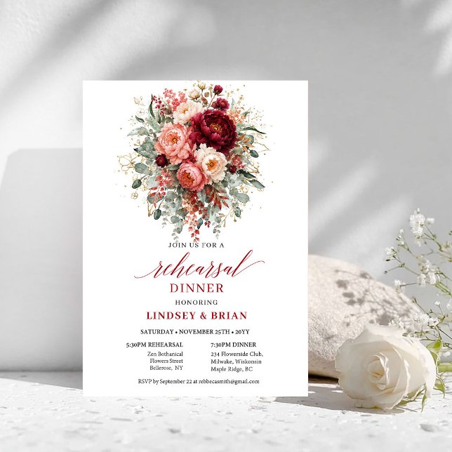 Glühend tiefe rote Boho-Probe-Dinner-Einladung Einladung (Glowing Deep Red Boho Rehearsal Dinner Invitation

)