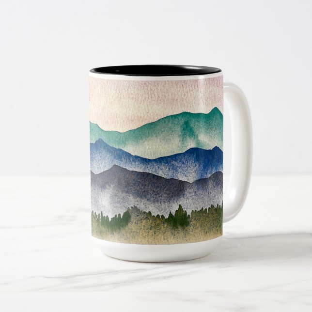 Glühende Bergwelt Wasserfarbe gestrichen Zweifarbige Tasse (VorderseiteRechts)