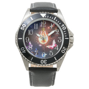 Glühende Glühbirne mit Nachtfalter Armbanduhr