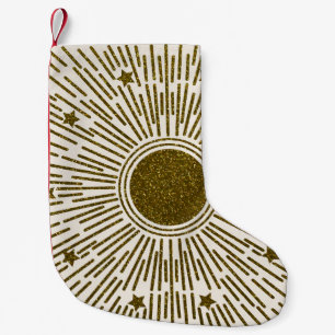 Glühende goldene Sonne, Vintage Strahlen. Kleiner Weihnachtsstrumpf