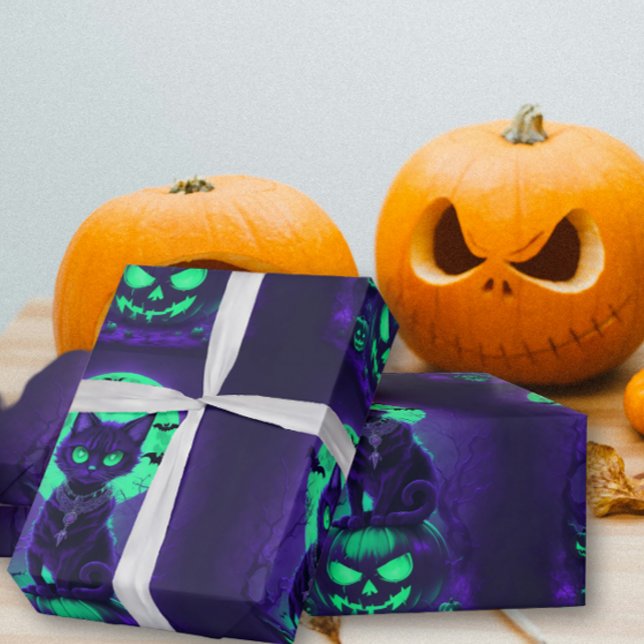 Glühende grüne Augen Schwarze Katze Geschenkpapier (Von Creator hochgeladen)