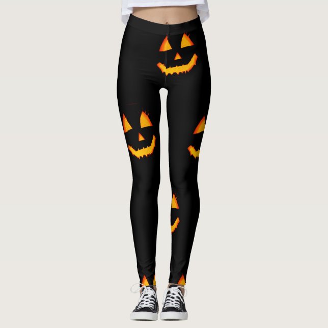 Glühende Jack-Lattern-Oberfläche auf schwarzem Hal Leggings (Vorderseite)