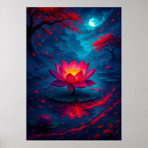 Glühende Lotus-Blume unter Moonlight Fantasy Poster