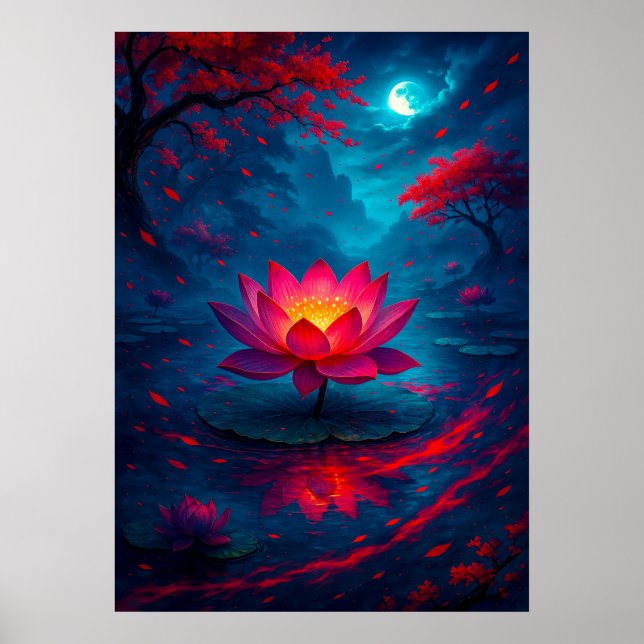 Glühende Lotus-Blume unter Moonlight Fantasy Poster (Vorne)