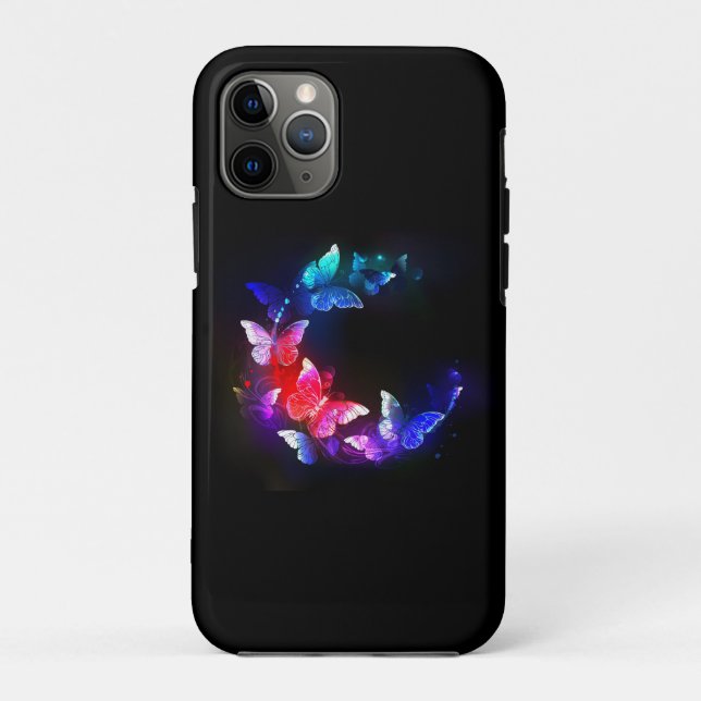 Glühende Neon-Nachtschmetterlinge auf schwarzem Hi Case-Mate iPhone Hülle (Rückseite)