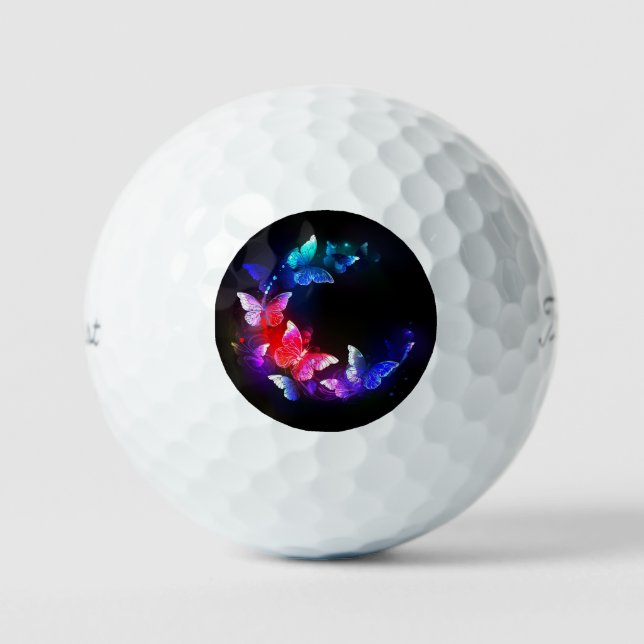 Glühende Neon-Nachtschmetterlinge auf schwarzem Hi Golfball (Vorderseite)