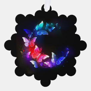 Glühende Neon-Nachtschmetterlinge auf schwarzem Hi Ornament Karte
