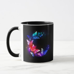 Glühende Neon-Nachtschmetterlinge auf schwarzem Hi Tasse