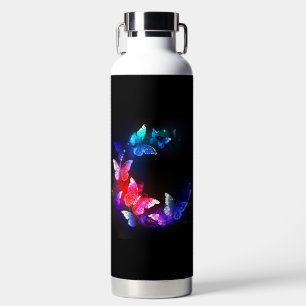 Glühende Neon-Nachtschmetterlinge auf schwarzem Hi Trinkflasche
