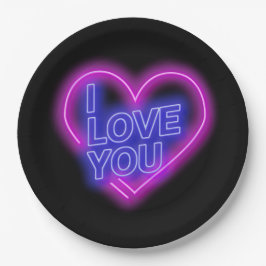 Glühende Neon Pink Blue Valentines Herz Large 9" Pappteller