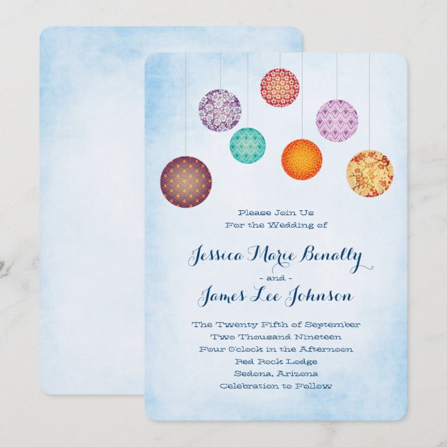 Glühende Papierlaternen Hochzeitswolke Blau Einladung (Vorne/Hinten)