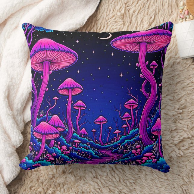 Glühende Psychedelic Mushroom Forest Night Kissen (Decke)
