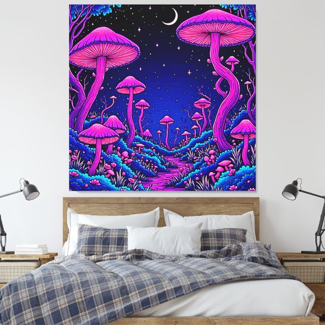 Glühende Psychedelic Mushroom Forest Night Leinwanddruck (Insitu (Schlafzimmer))