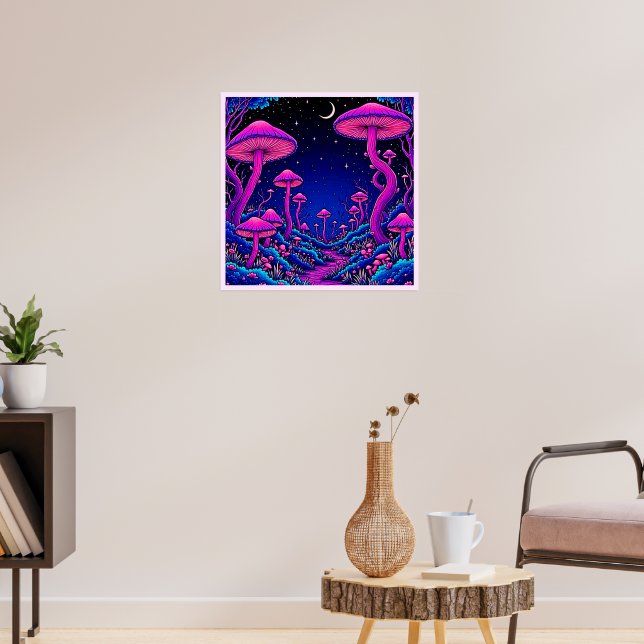 Glühende Psychedelic Mushroom Forest Night Poster (Wohnzimmer 3)