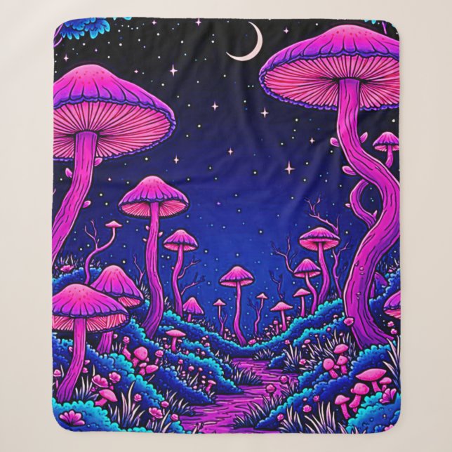 Glühende Psychedelic Mushroom Forest Night Sherpadecke (Vorderseite)