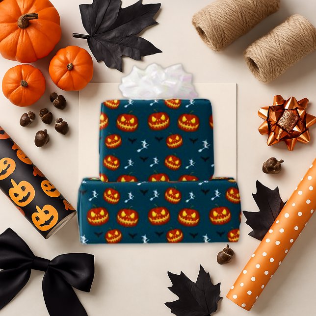 Glühende Pumpkin Bats Dunkles Aquamarin Spookes Ha Geschenkpapier (Von Creator hochgeladen)