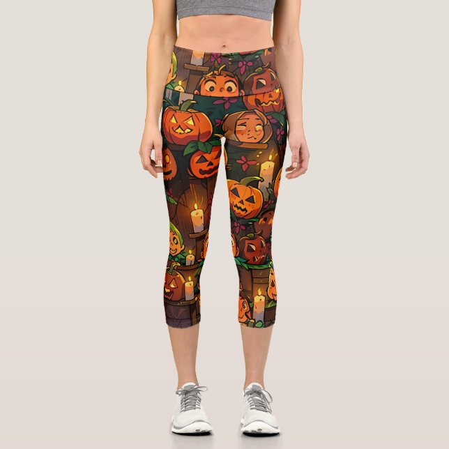Glühende Pumpkins und Spuk Spooky Night: Halloween Capri Leggings (Vorderseite)