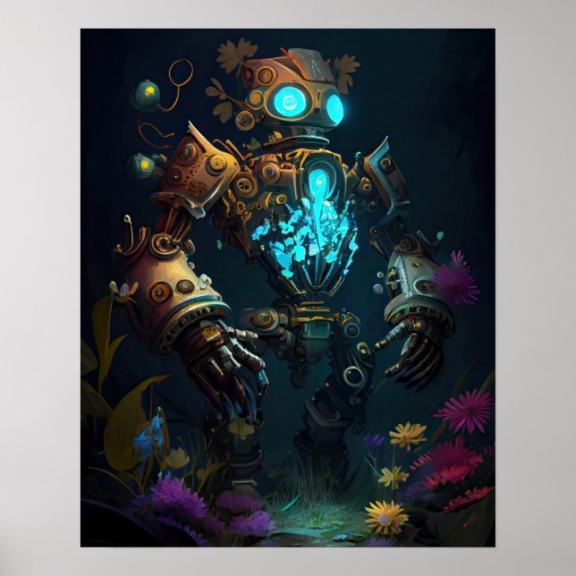 Glühende Roboter und Blume Poster (Vorne)