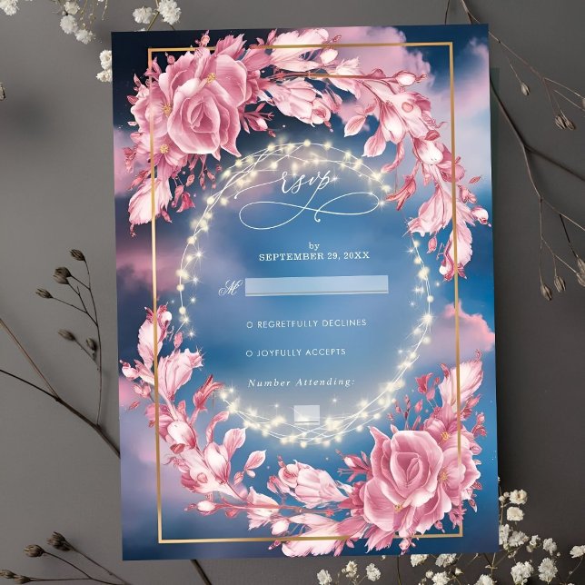 Glühende rosige Blume und Glitzern Hochzeit RSVP Karte (Von Creator hochgeladen)
