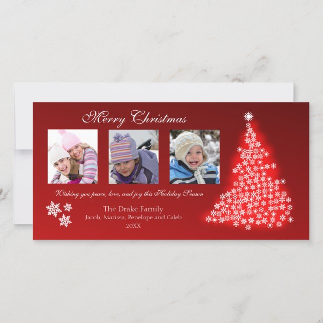 Glühende Schneeflocke-Baum-Fotokarte (rot) Feiertagskarte (Vorderseite)