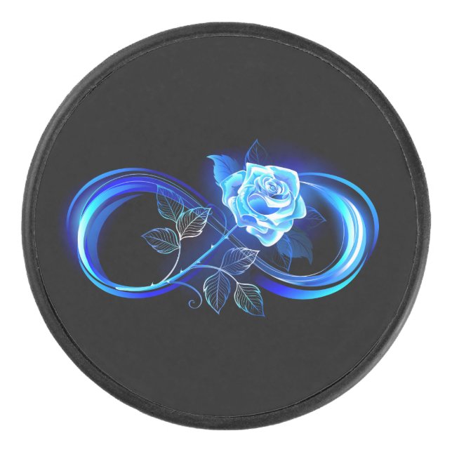 Glühende Unendlichkeit mit blauer Rose Eishockey Puck (Vorderseite)