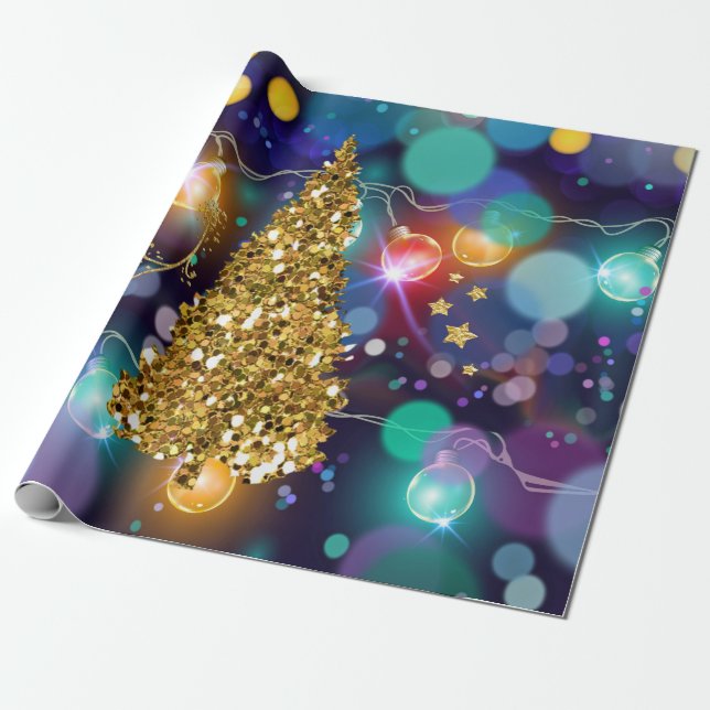 Glühende Weihnachtsbeleuchtung Bokeh Golden Tree Geschenkpapier (Ungerollt)