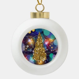 Glühende Weihnachtsbeleuchtung Bokeh Golden Tree & Keramik Kugel-Ornament