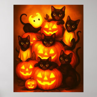 Glühender Halloween-Kürbis mit Niedlichem Schwarzk Poster
