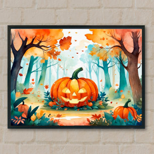 Glühender Jack O’ Lantern Herbstwaldplakat Poster