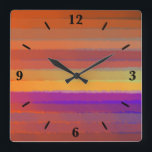 Glühender Sonnenaufgang salziger Pop der Farbkunst Quadratische Wanduhr<br><div class="desc">Square Wall Clock, Wandkunstdekoration und Zuhause-Einrichtungsaccessoire gedruckt mit Glühender Sonnenaufgang Salty Watercolor Pop Of Color Art abstraktes Kunstwerk Design-Image von The Fabric Siegel Print on Demand Shop in Zazzle #ZazzleMade https://www.zazzle.com/store/thefabricseal Stilvolle American West trifft Boho Chic moderne Kunst im zeitgenössischen Stil mit einem herrlichen Sonnenaufgang und Sonnenuntergang mit brillendem Himmel...</div>