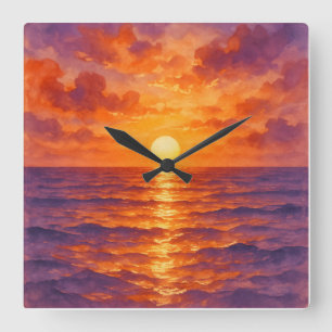 Glühender Sonnenuntergang - Lebendiger Aquarell-Ma Quadratische Wanduhr