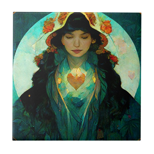 Glühendes Herz Woman Fantasy Sci-Fi Fliese (Vorderseite)